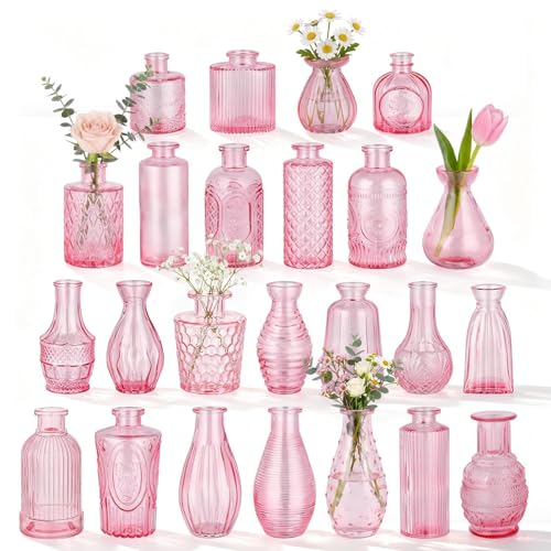 BEAHOT 24 Pack Pink Bud Vases in Bulk Mini Glass Vintage Vases for Centerpieces Wedding Decor Small Flower Vases for Party & Home Decaration Mothers Day (Pink)