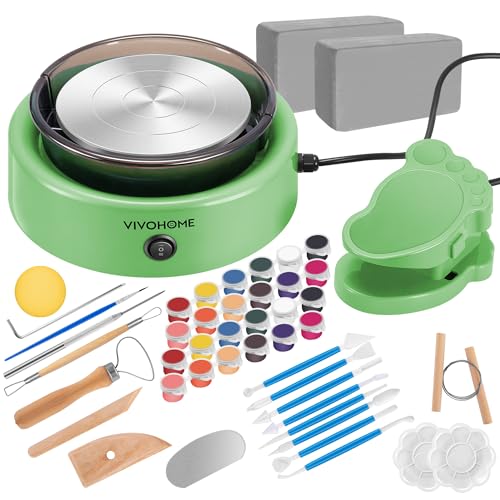 VIVOHOME Mini Pottery Wheel Machine Kit for Kids Beginners Adults, Electric Ceramic Wheel with Foot Pedal, Detachable Basin and Adjustable Speed, Tiny Clay Spinner DIY Tools for Art Craft, Green