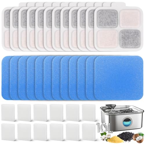 24 Pack Filters for oneisall 10L/2.6Gal Stainless Steel Large Dog Water Fountain Ion Exchange Resin with Coconut Shell Activated Carbon Refills 12 Filters &12 Pre-Filter Sponges &12 Pump Sponges