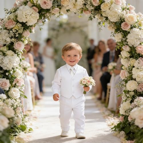 Image of Baby Boy Formal Suit for Toddler Infant Tuxedo Dress Suits | Little Gentleman, Wedding Ring Bearer Outfit, Vest Pants Long-Sleeve Shirt Tie, Birthday Party Christmas Prom, Classic
