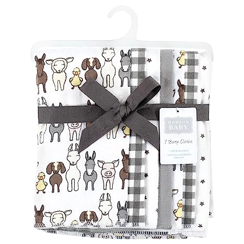 Image of Hudson Baby Unisex Baby Cotton Poly Flannel Burp Cloths, Farm Friends Grey 7-Pack, One Size