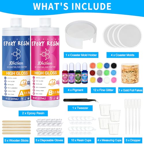 JDiction Epoxy Resin Coaster Kit, 16oz/ 474ml Crystal Clear Epoxy Resin Kit with Coaster Molds and Holder, Resin Pigment - Image 2
