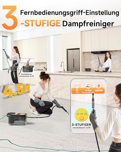 Gautye Gautye Dampfreiniger 3 stufig verstellbarer Griff, 10 Sekunden Aufheizzeit, 2L Wassertank, steam cleaner mit 18 Zubehörteilen, Dampfreiniger handgerät für Küche, Badezimmern, Boden, Autos, Fenstern - Detailansicht 2 | Bodendampfreiniger