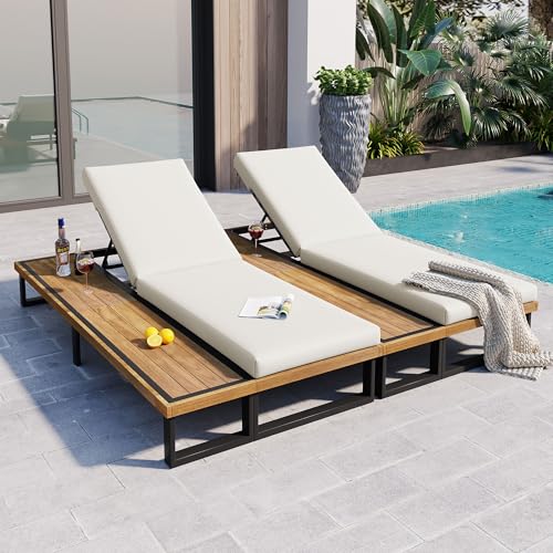 THINK 30 - Outdoor Chaise Lounge Chair Set of 2 with 5-Position Adjustable Backrest , Reclinings with Cushions, Patio Loungers with Wood Side Table, Sturdy Frame for Poolside, Garden, and Backyard(2, Beige)