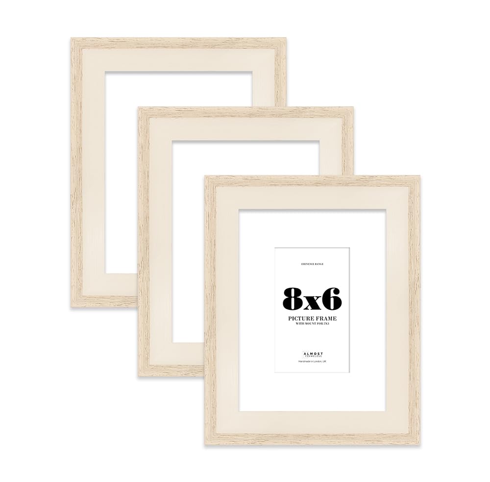 8x6" Oak Picture Frame with 5x3" Mount - Shabby Chic Photo Frame with Distressed Finish, Wall Hooks and Kickstand, 32mm Edge - 3 Pack