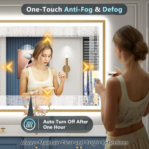 Image of 66x36 Gold Beveled LED Bathroom Mirror Backlit & Front Lit Anti-Fog | Brushed Gold Framed, Anti-Fog Lighted Vanity Mirror, Dimmable, 3-Color Light, Memory, CRI95, HD Tempered Glass, UL Listed