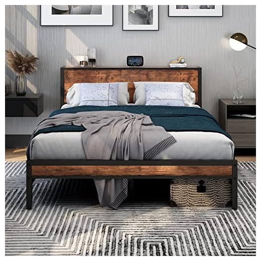 DUMEE King Size Bed Frame with Storage Wooden Headboard, Metal Bed Frame Kingsize Bed Base/Mattress Foundation, Enhanced Support Noise Free, Textured Black+Brown Oak