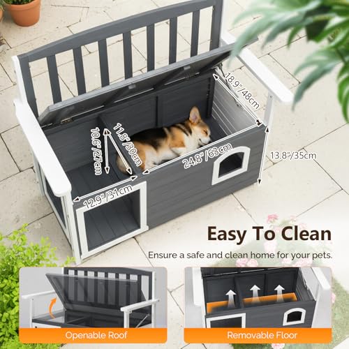 Image of VINGLI Outdoor Storage Bench with Built-in Dog House, 2-in-1 Outdoor Waterproof Patio Bench with Pet Kennel for Patio Backyard Porch (Gray)