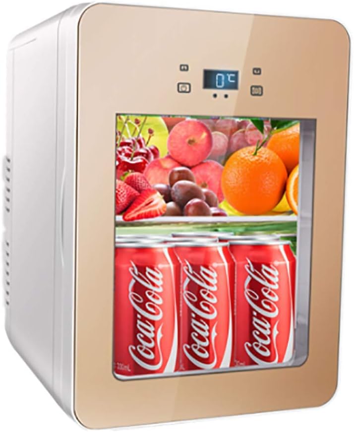 20L Mini Car Refrigerator Refrigerated Car Home Dual-use Small Household Transparent Glass Portable Mini Refrigerator Cold and Warm Box Dual-core Digital Display (Golden)