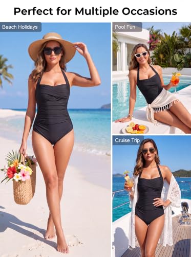 Image of Smismivo Tummy Control Swimwear Halter One Piece Slimming Vintage Retro Swimsuit Womens Ruched Push Up Bathing Suit