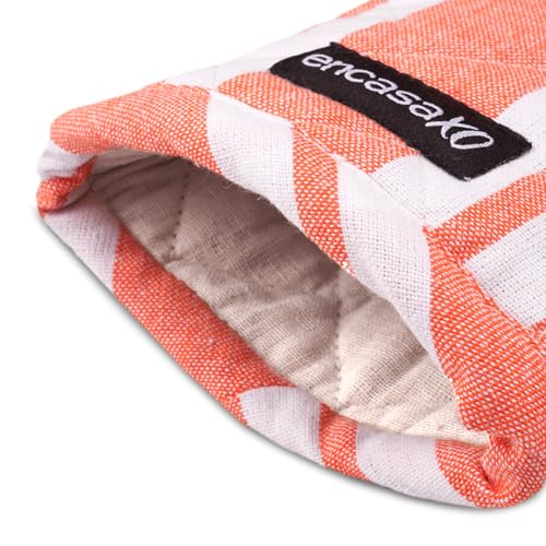 Image of Encasa XO Oven Gloves for Microwave (2 pc Set) - Heat Proof, Thick & Safe | Longer 18x30 cm Mittens for Protection in Kitchen Cooking & Baking - Franca Orange Stripes