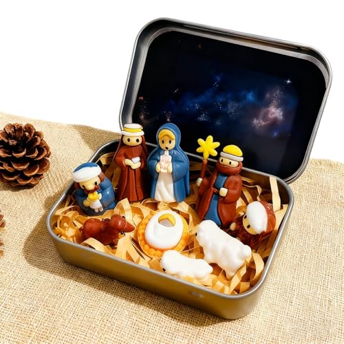 Mini Christmas Nativity Scene Set in Tin Box Holy Family Figurines, Gold - image 2