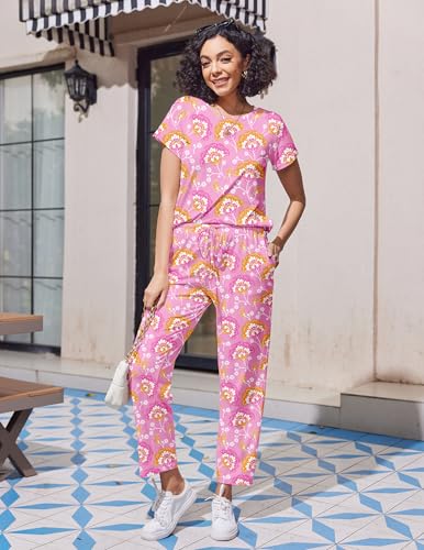 Image of Ekouaer Pajama Sets for Women Round Neck Pjs Short Sleeve Sleepwear with Long Pants Loose Lounge Sets