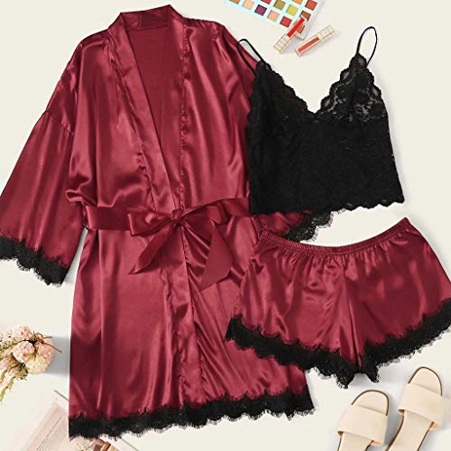 Conjunto de pijama feminino AxiBa de cetim de seda com 3 peças, camisola sexy, Vinho, S