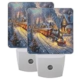 Winter Train Snow Scene Night Light LED Sensor Set of 2 Christmas Tree Snowman Xmas Table Desk Lamps with Adjustable Brightness Eye-Caring for Home Bedroom Office Parlour