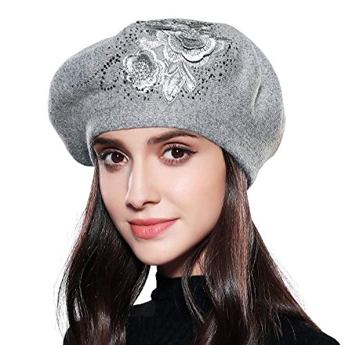 Beret Hat for Women Winter Embroidered French Style Beret Beanie Cap Rabbit Fur Blend Yarn Artist Hat with Rhinestone (Light Gray-Three Flowers)