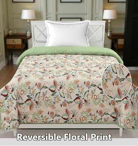 Image of IVAZA Luxury Ultrasonic Punch AC Comforter Blanket - Quilted Microfiber Floral Pattern, Lightweight Breathable All‑Season Blanket for Bedroom, Travel (Singled Bed,228x152 CM) (Green Cream)