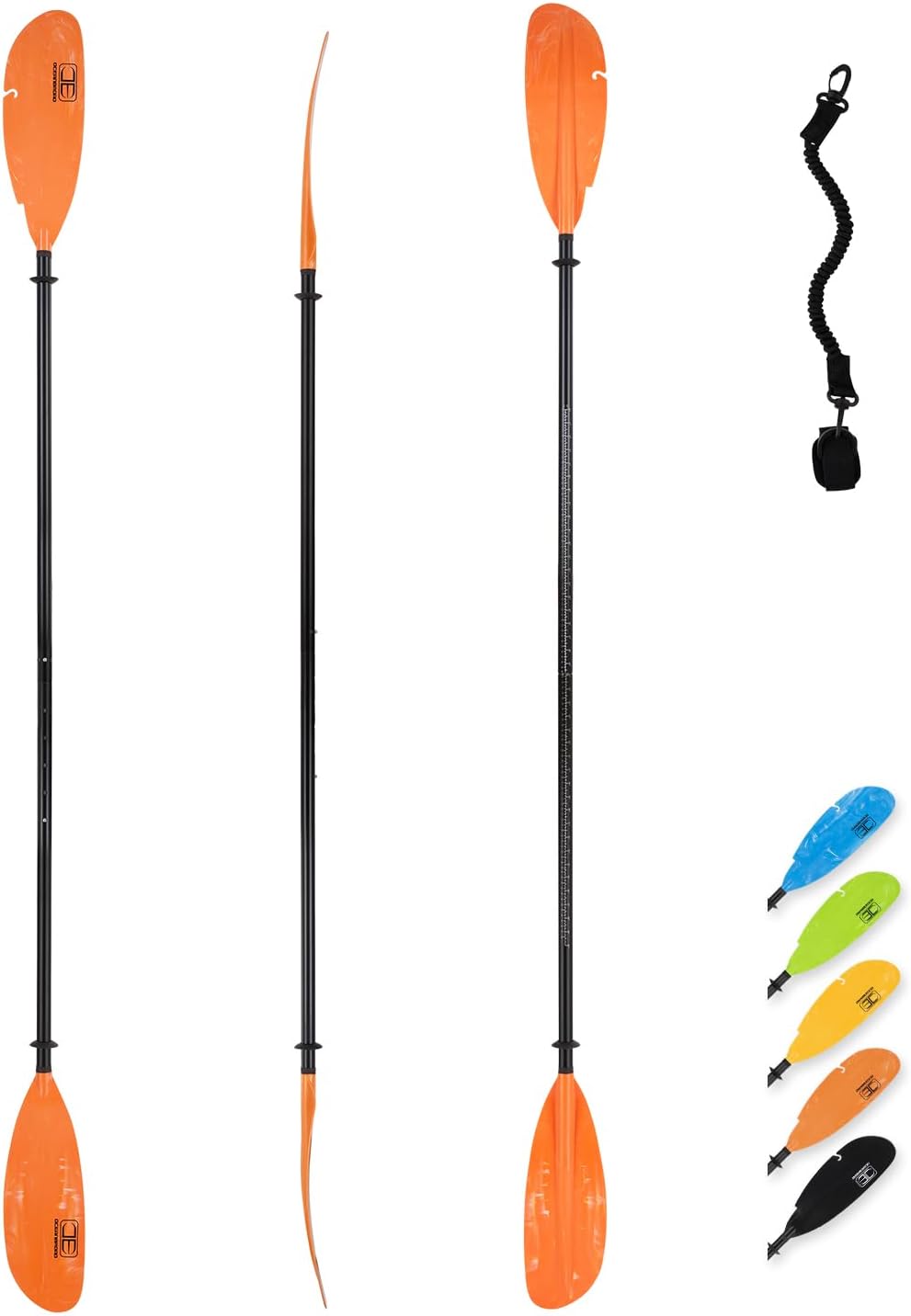 OCEANBROAD Adjustable Fishing Kayak Paddle - 94in/240cm-98in/250cm-102in/260cm Aluminum Alloy Shaft with Paddle Leash Orange