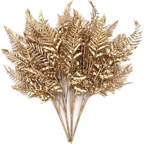 Artificial Golden Boston Plants, Fake Christmas Plant Plastic Fern Shrubs Grass for Outdoor Indoor Home Garden Xmas Decor Table Centerpieces DIY Decoration Hotel Hall Vase Filler - Gold Leaves 4 Pcs