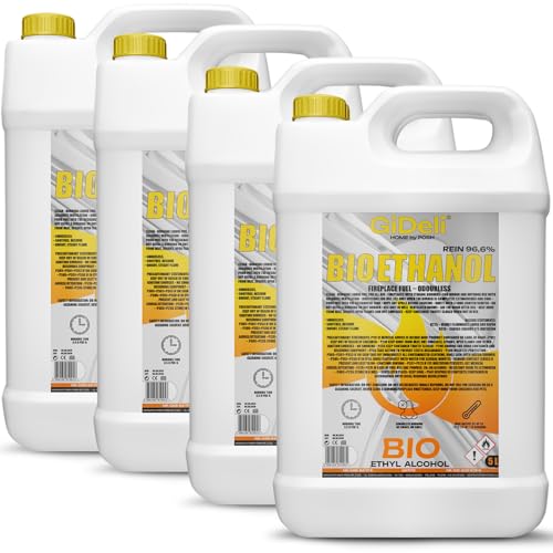 GiDeli Bioetanol 20 l de etanol 96,6% alcohol orgánico sin olor, combustión limpia, para chimeneas interiores y exteriores