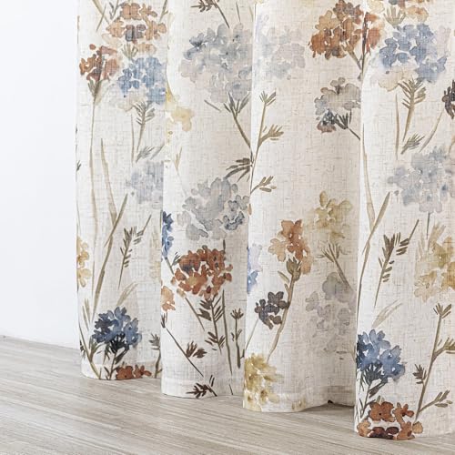 Image of MYSKY HOME Floral Linen Curtains 84 inch Length 2 Panels Set Summer Flower Patterned Semi Sheer Light Filtering Privacy Farmhouse Grommet Drapes for Living /Dining Room, Yellow, W52 x L84, Pack-2