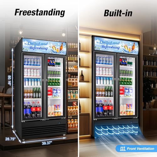 Commercial Beverage Refrigerator, 40 Inch 35 Cu.Ft. Commercial Drink Fridge, Display Refrigerator with Double Glass Door, Commercial Display Fridge with 8 Adjustable Shelves, for Shop,Restaurant,Bar