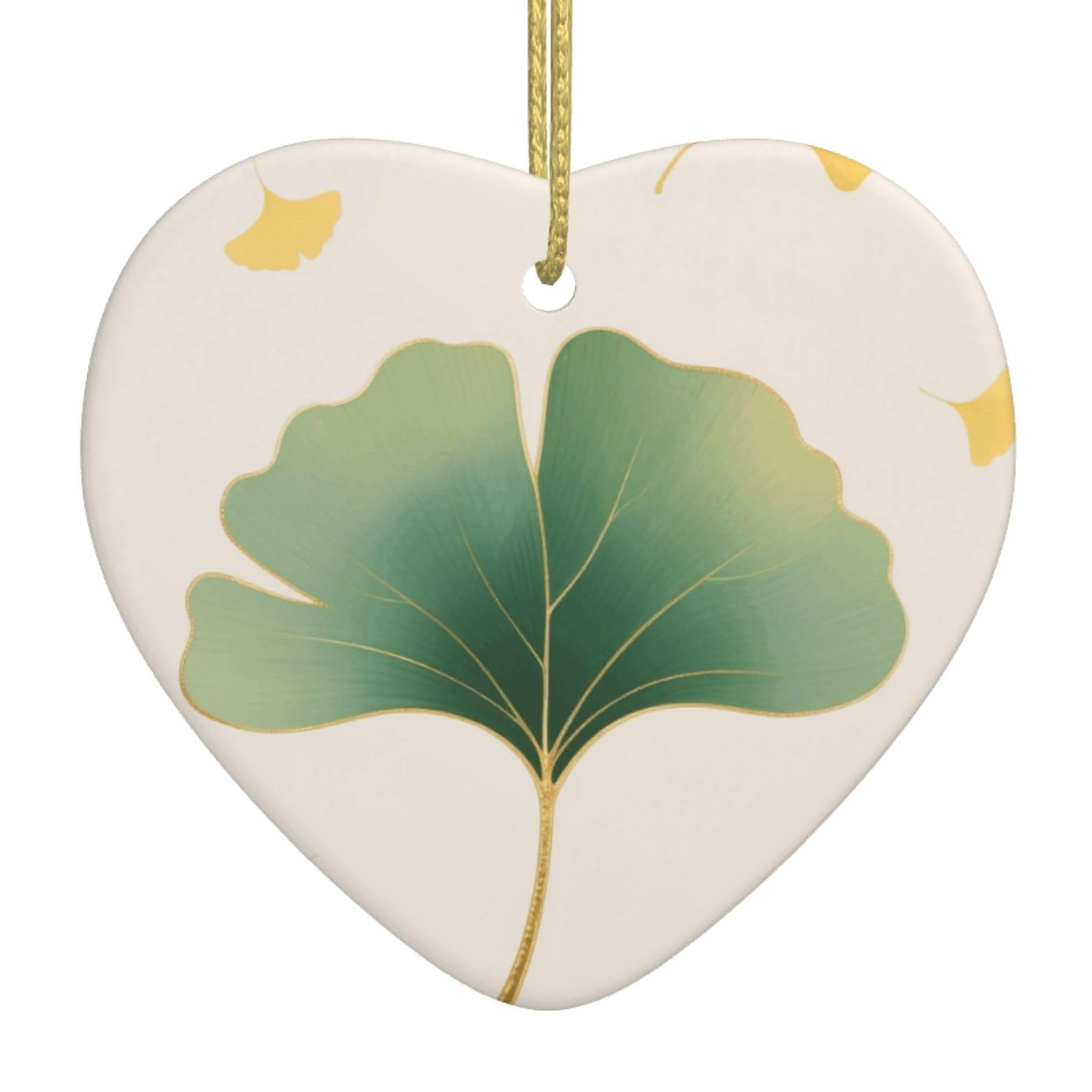 Green Ginkgo Leaves Christmas Ornament 2025 Heart Ceramic Hanging Ornaments for Home Decor Christmas Decorations with Gold Rope Double-Sided Xmas Tree Ceramic Hanging for Holiday Party