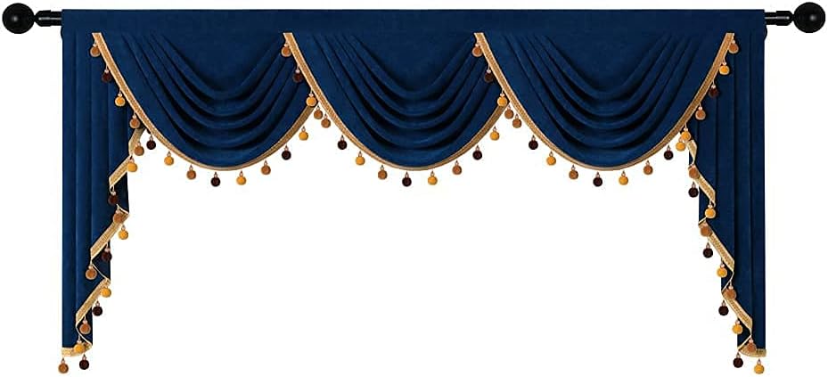 ELKCA Navy Double-Sided Velvet Waterfall Valance for The Living Room Bedroom Curtains Valance with Gold Colorful Pom Pom Tassel,79Inch,1 Panel