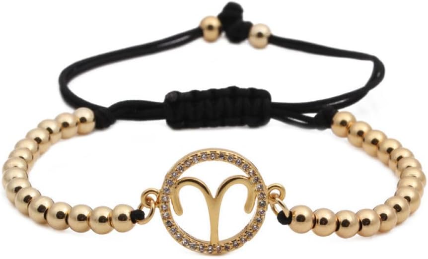 Fashion 12 Constellation Zodiac Sign Bracelet Retro Punk Stones Beads Adjustable Round Charm Bangle,Wristband Jewelry Gift For Men Couple