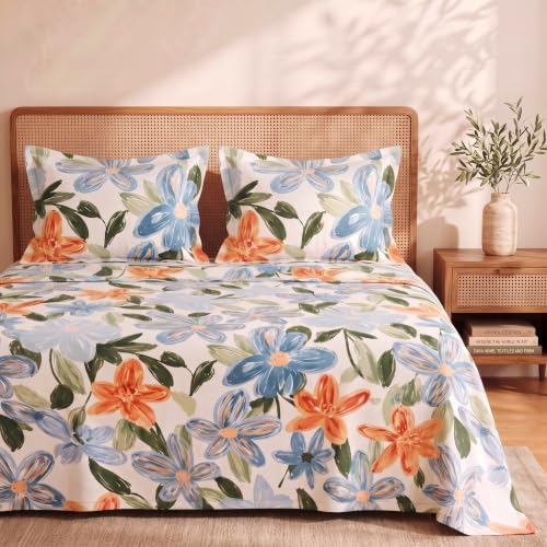 Image of BSB HOME 240 TC Cotton Double Bedsheet with 2 Pillow Covers,Soft & Breathable Floral Print Bed Sheet,Fade Resistant,Easy Care Bedding Set,90 x 100 Inches(228 x 254 cm)-Terracotta & Periwinkle Floral