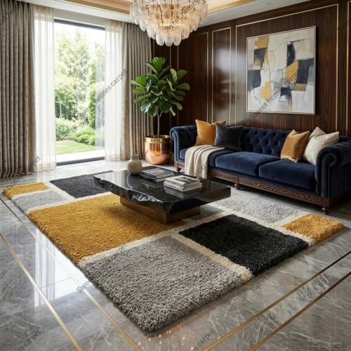 Image of SWEET HOMES Carpets for Living Room Bedroom Handwoven Ultra Soft Irregular Shaggy Rug, 10 x 14 Feet (305 x 427 cm), Yellow Grey