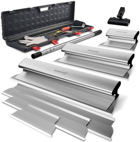 Drywall Skimming Blade Set, 12", 24" &amp; 32" Stainless Steel Blades with 34"-81" Extension Handle, Includes 3 Spare Blades, Roller &amp; Putty Knife, Wall Finishing Tools with St