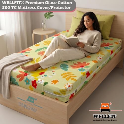 Image of WELLFIT Premium Glace Cotton 300 TC Mattress Protector King Size | 78x72x8 Inches | Bed Cover with Zip | Mattress Cover with Zipper Chain | 6x6.5 Ft Mattresses