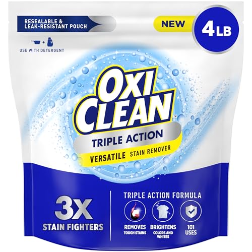 OxiClean Triple Action Versatile Stain Remover Powder, Use with Detergent, Removes Tough Stains like Grease, Blood and Grass, Brightens Colors and Whites, Chlorine Free, 4 lbs