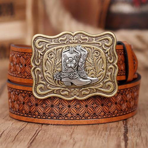 Men Women Leather Embossed Belt - Handmade Strap Engraved Cowboy Boots Buckle For Dress & Casual3