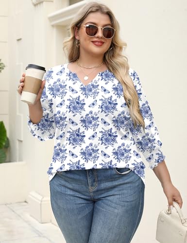 Rapbin Womens Plus Size Tops 3/4 Sleeve Blouses Shirts Casual V Neck Loose Tunic Tops 1X-5X