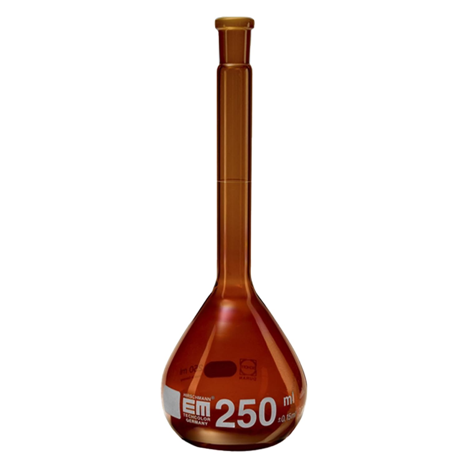 Hirschmann Duran - Lote de 2 matraces aforados con tapón de cristal, clase A, cristal ámbar, graduación blanca, NS 14/23, capacidad de 50 ml, tolerancia de 0,08 ml, altura de 140 mm