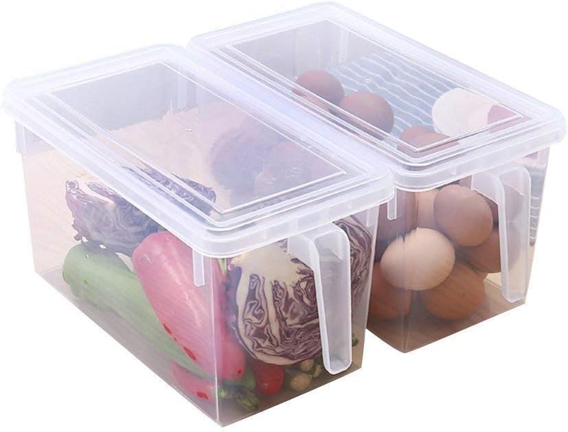 Brezzycloud Food Grade Plastic Fridge Storage Basket |​​​​​​​ Plastic Storage Containers | Square Handle Food Storage Organizer Boxes with Lids for Refrigerator Cabinet Desk (Set of 2)