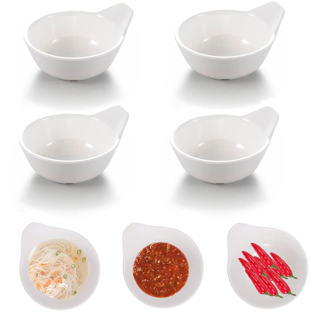 DELFINO Sauce Dish Dip Bowls, Round Seasoning Dishes with Handle, Sushi Dipping Bowl Saucers Bowl Mini Appetizer Plates Seasoning Dish Saucer Plates for Kitchen Restaurant (White - 4Pcs)
