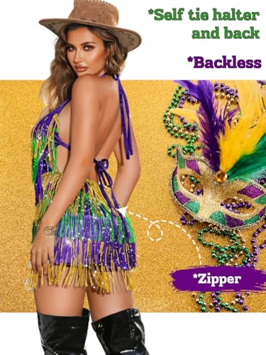 Image of Kaei&Shi Sequin Fringe Romper,Sparkly Glitter Metallic Jumpsuits For Women,Backless Shorts Dress Disco Birthday Dance Outfit