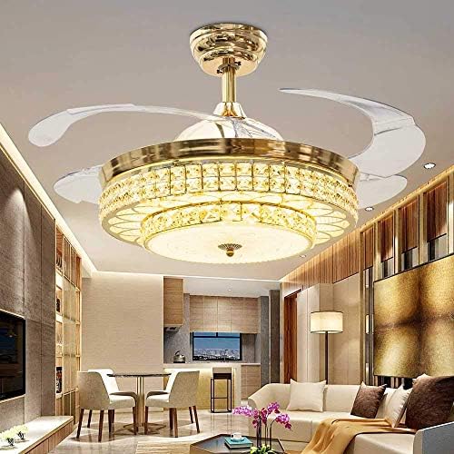 RS Lighting Crystal Ceiling Fans Lights-42 inch Transparent Retractable Blades Remote Control Fans Chandelier With LED Three Color Lights -for Indoor, Living, Bedroom (Gold)