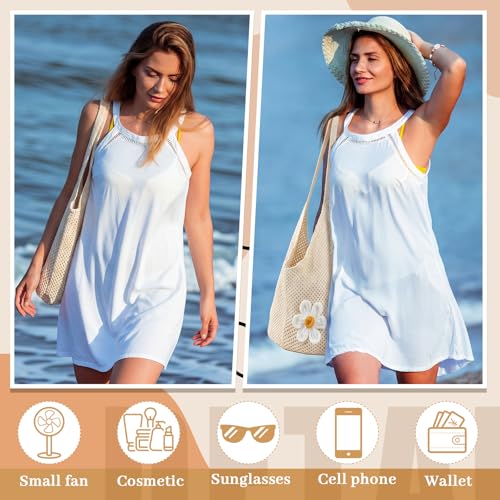 Image of Aliceset 2 Pack Crochet Mesh Beach Tote Bag with Letter Patch Pocket Summer Beach Tote Bohemian Straw Transparent Bag