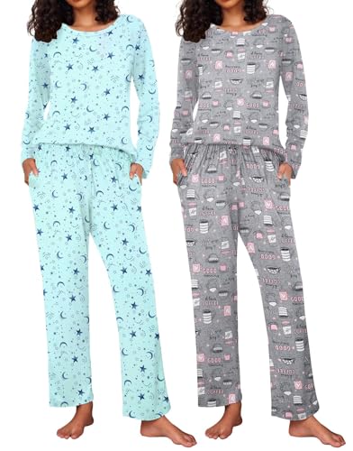Ekouaer 2 Pack Womens Pajama Sets Long Sleeve Pjs Lounge