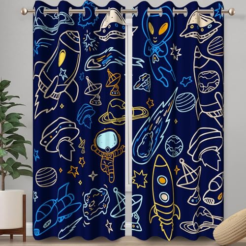 Ttincceer Cortinas Opacas 140x175cm con diseño de Galaxia, Universo, Naves espaciales, Planetas, oscurecimiento de habitación, Cortinas con Ojales y Aislamiento térmico