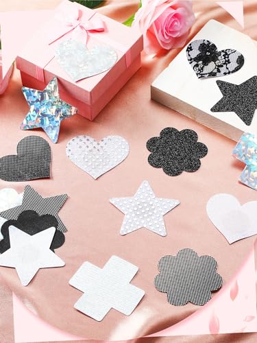 Poen 25 Pairs Glitters Pasties Summer Breast Pasties Stickers Self Adhesive Reusable Sticky Breast Patch for Women Black, White4