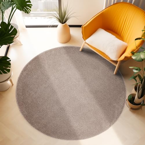 SIMPEX Alfombras de Pelo Corto, Unicolor - Monocromo, Alfombra Beige, 200 cm Redonda, Alfombras de Estilo Moderno, Alfombra Sala de Estar