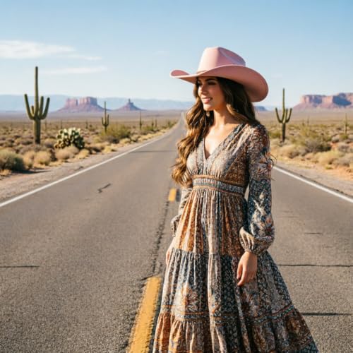Image of DRESHOW Cowboy Hat for Women and Men Wide Brim Western Cowboy Cowgirl Hat with Belt Buckle Unisex Rolled up Caps