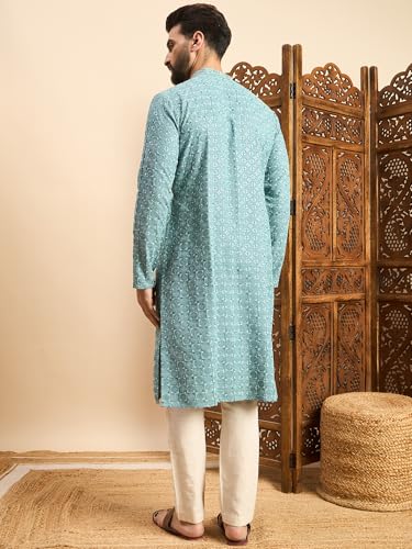 Image of Amazon Brand - Tavasya Men Rayon Geometric Embroidered Mandarin Collar Straight Kurta