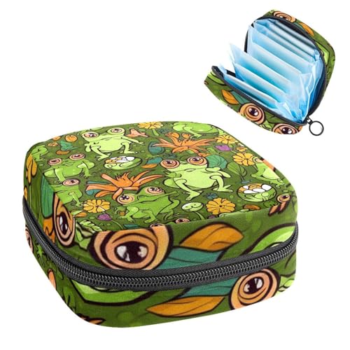 Portable Menstrual Pad Bags, Large Capacity Sanitary Napkin Storage Bag, First Period Kit for Girls Women, Zipper Nursing Pad Holder Cartoon Playful Frogs with Flower