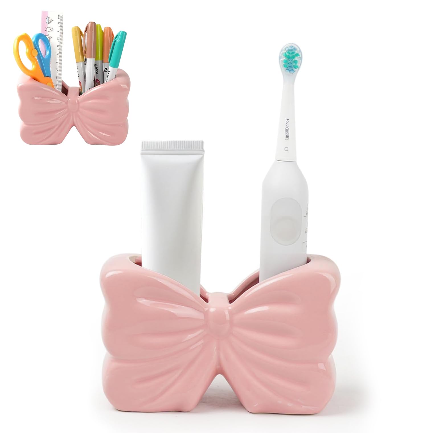 Hemoravoma Bow Toothbrush Holder, Makeup Brush Organiser No-Drill Waterproof Bathroom Caddy, Multi-Purpose Pen Holder for Home Office Desk Adorable Bow Shaped Desktop Decor (Pink)